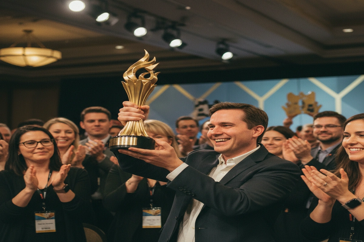 Anthony Awards ceremony with trophy and attendees celebrating at Bouchercon 2021