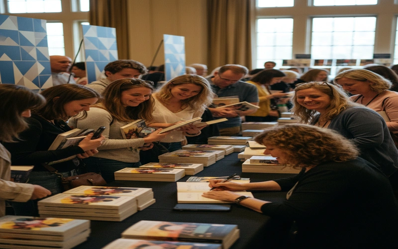 Mystery author signing books for enthusiastic readers at Bouchercon dealer room with Anthony Award nominee displays