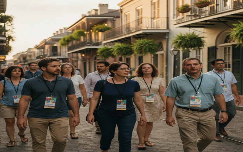 Bouchercon convention attendees walking through historic French Quarter with convention badges visible and New Orleans architecture