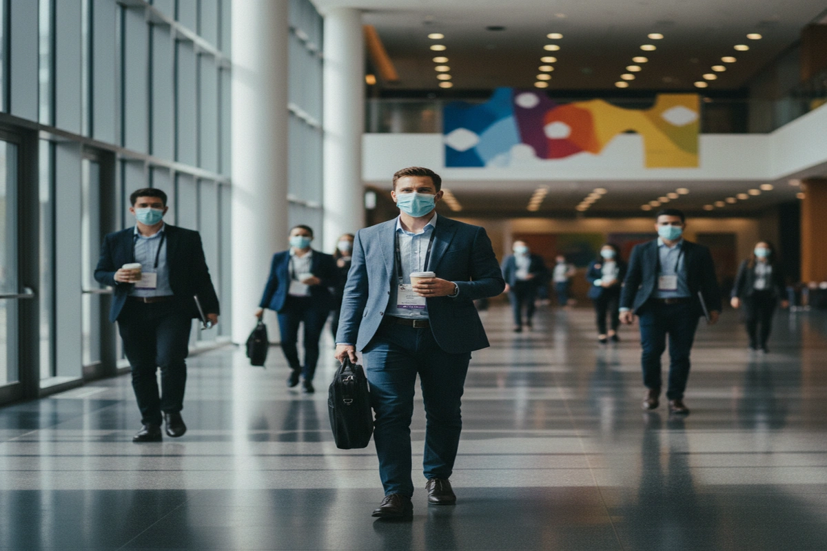 Conference attendees following safety protocols with masks and social distancing
