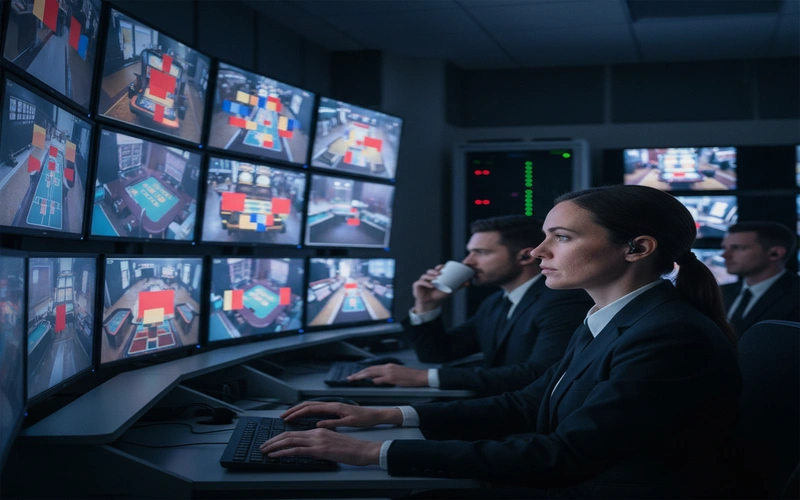 Professional casino security monitoring room with multiple screens showing gaming floor surveillance