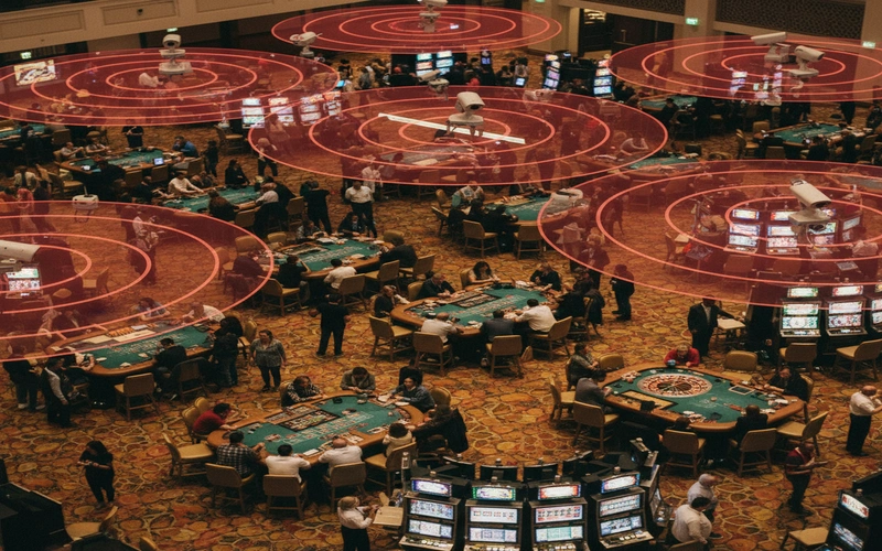 Bird's eye view of casino floor showing surveillance camera coverage patterns and gaming table arrangements