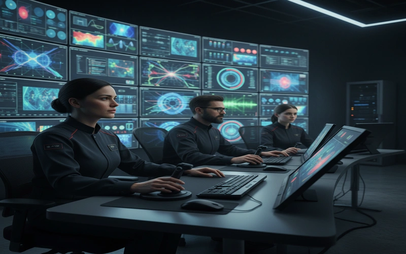 Modern casino surveillance control room showing multiple monitor displays with advanced security technology and operators