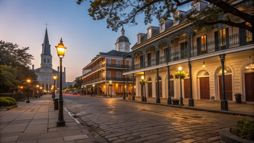 Evening view of the historic French Quarter in New Orleans with colonial architecture and street lamps