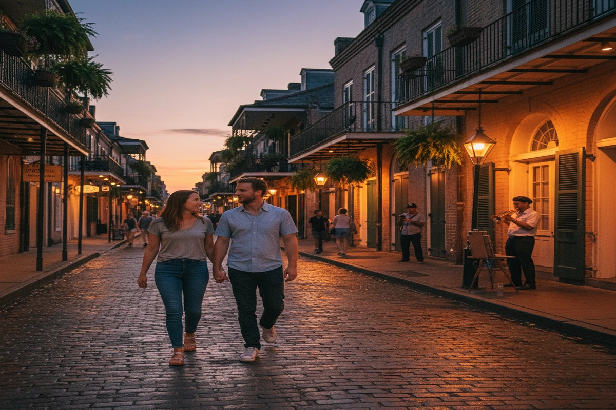 The atmospheric French Quarter in New Orleans with historic buildings and cobblestone streets